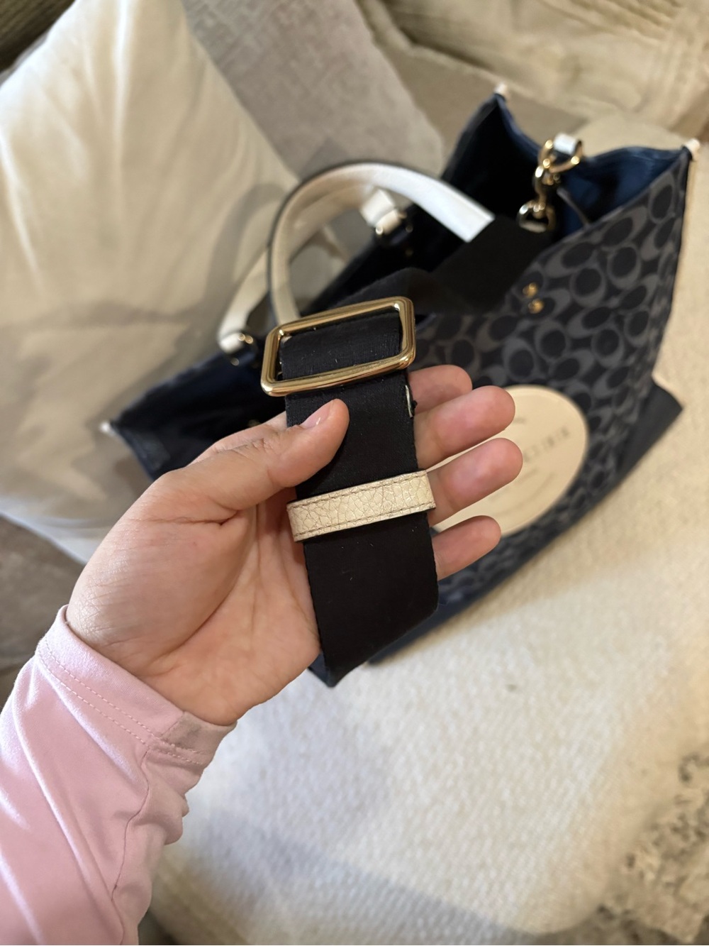 COACH Navy Signature Canvas Tote with Cream Trim and Black Strap - Picture 4 of 12